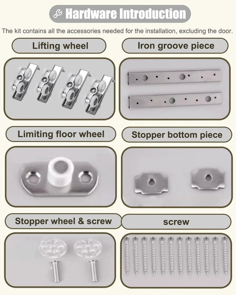 Hardware components for Heavy Duty Sliding Barn Door Hardware Kit For Two Bypass Doors 106 Inch Track displayed.