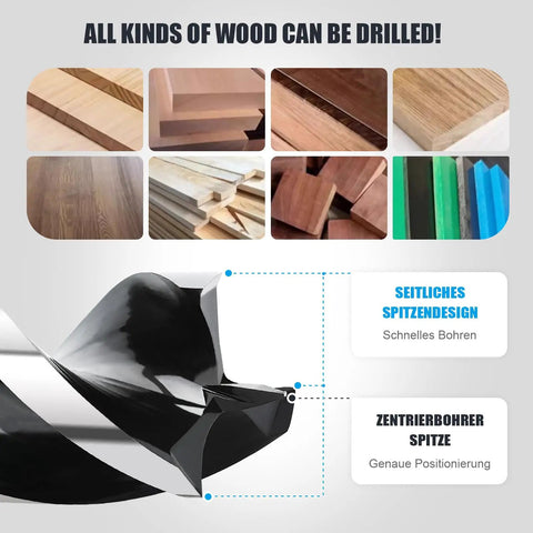 1 Inch By 9 Inch Auger Drill Bit For Wood With Hex Shank Pro Grade Tri Flute Design shown drilling various wood types
