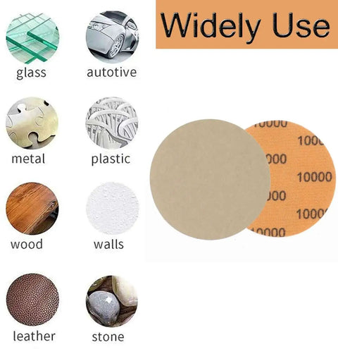 All In One 3 Inch Sanding Discs Set For Rotary Tools With Headlight Restoration Kit shown for various materials like glass, metal, wood