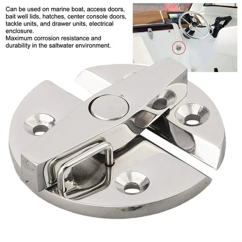 Close-up of marine-grade 316 stainless steel boat hatch latch with round base and positive stop
