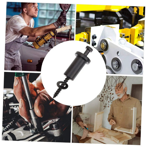 Collage of workshop scenes with tools and machinery, central image of a black fastener, representing DIY renovation projects.