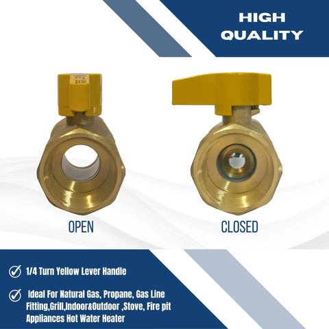 Go To 10 Pack Half Inch IPS Brass Gas Ball Valves For Propane And Natural Gas One Quarter Turn With Metal Handle CSA And UL Approved Durable DIY Home And Garage Gas Line Valve Set XFITTING showing open and closed positions