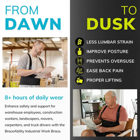 BraceAbility work back brace with removable shoulder straps, black; shown worn by two warehouse workers.