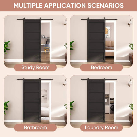 36x84 Inches Sliding Barn Door Four Panel Black With Hardware Kit Included installed in study, bedroom, bathroom, laundry room.