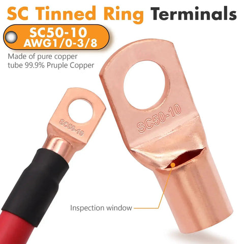 SC tinned ring terminals made of 99.9% pure copper for 1/0 gauge CCA power and ground wire kit; close-up view of SC50-10.