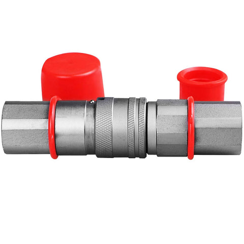 3/4 in SAE skid steer hydraulic quick-connect couplers with red dust caps, universal Bobcat/Case/New Holland compatibility