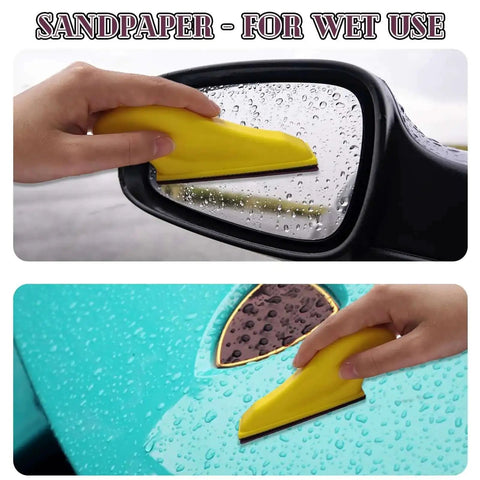 Using Pro Grade 100 Piece Micro Detail Sanding Paper Kit Wet Dry Set with 3.5 Inch By 1 Inch Hook And Loop Strips on car and mirror