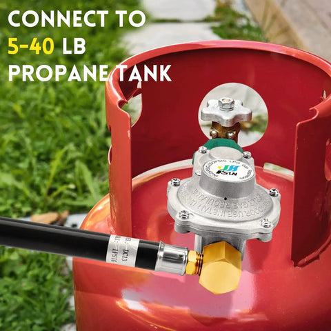 Ready to Hook Up 3ft Two Stage Propane Regulator Hose With 90 Degree Fittings connected to red propane tank