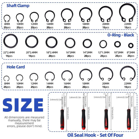 499 Piece External And Internal Retaining Ring Kit With 8 Sizes Metric O Rings Snap Circlips And Short Pick And Hook Set