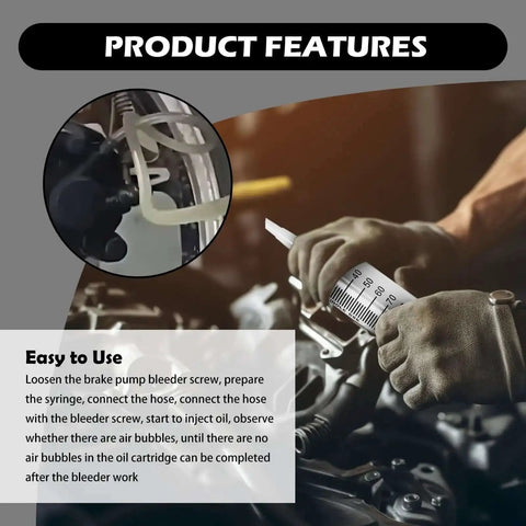 5 Piece Motorcycle Brake Bleeder Kit With Hose, 100ml Syringe, Clamp And Screws, shown in use to remove air from brake lines