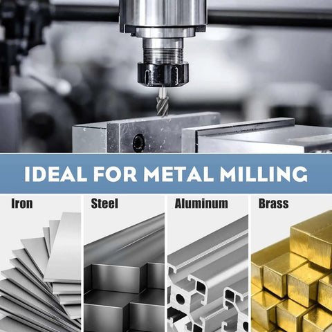 6PCS HSS End Mill Set For Hard Alloy Steel With 4 And 6 Flute Mills Cutting Diameters Three Quarters Inch To One And One Half Inch Weldon Shank Three Quarters Inch Bridgeport Ready Industrial Tools For Versatile Milling And Dope Precision On Tough Metals shown with cutting examples in iron, steel, aluminum, and brass.