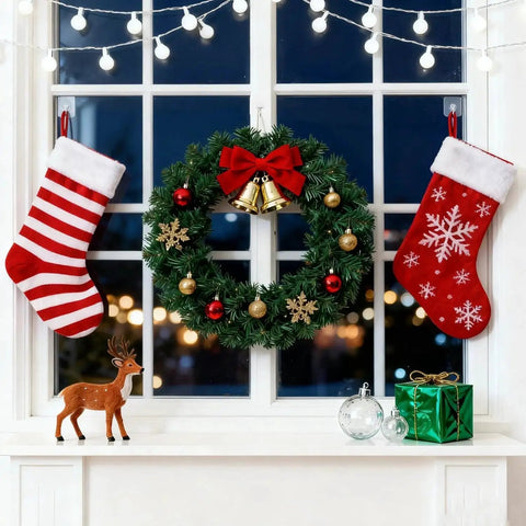 Christmas wreath with red and gold ornaments, striped and snowflake stockings, and festive decorations on window sill
