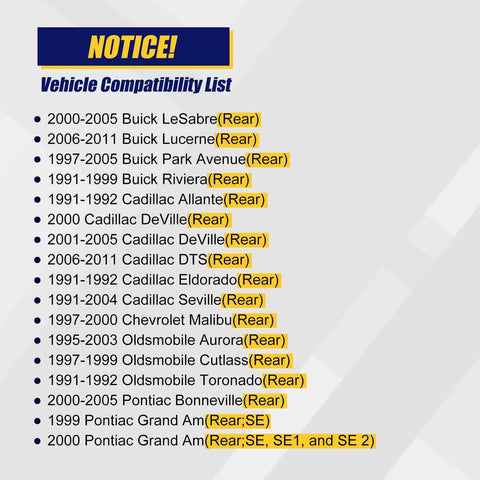 Vehicle compatibility list for Rear Wheel Hub Bearing Assembly 512003, including Cadillac, Buick, Chevy models.
