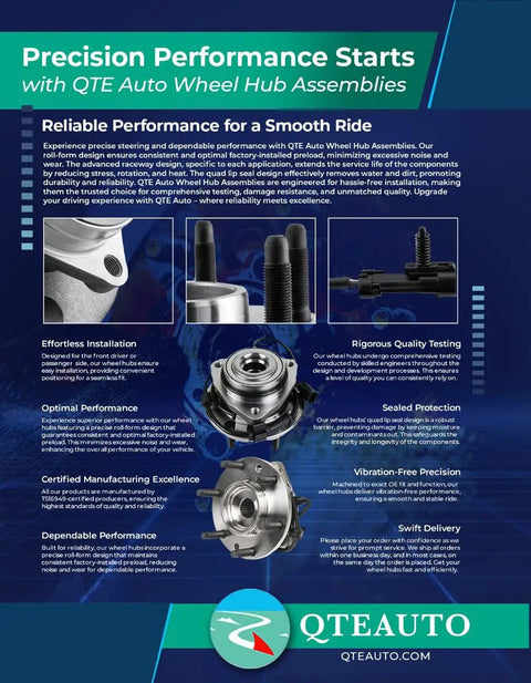 Product brochure showcasing Set Of Two Front Wheel Hub Bearing Assemblies Replacement For 2011-2023 Jeep Grand Cherokee And Dodge Durango.