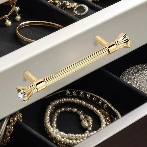 Gold Cabinet Pulls 4 Pack Crystal Dresser Drawer Handles Zinc Alloy 3.78 Inch Center To Center installed on jewelry drawer