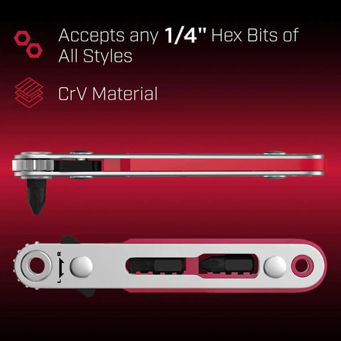 Side and top view of Must Have Compact Magnetic One Quarter Inch Mini Ratchet Wrench, showing CrV material and 1/4" hex bit compatibility.