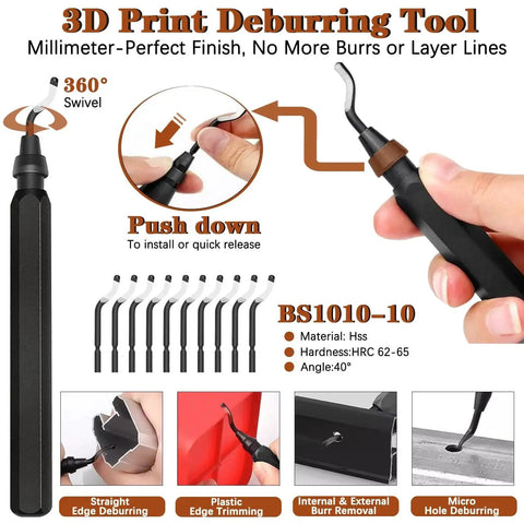 3D print deburring tool with 360° swivel and HSS material, showing multiple uses for edge trimming and burr removal