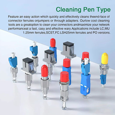 Amazon 5-piece fiber optic cleaner pen set for 2.5mm ferrules SC/FC/ST and FC/APC, blue bodies with red/yellow caps.