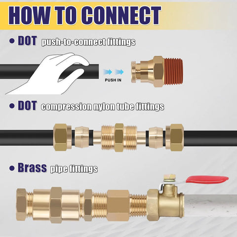 Brass DOT air brake and nylon tube fittings assortment, 250 pcs, 1/4–3/4 in NPT, push-to-connect with ball valve.