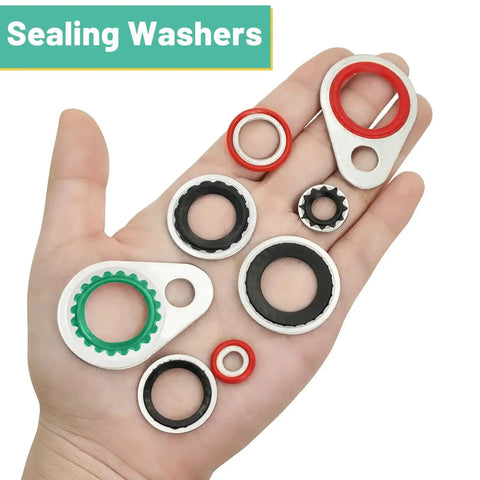 Hand holding variety of metal and rubber gaskets from Premium 95 Piece AC Compressor Gasket Seal Kit With 12 Sizes For Automotive Air Conditioning Systems Bonded Gasket Seals Assortment Set Durable Metal And Rubber Seals For Long Lasting Leak Free Vehicle AC Maintenance
