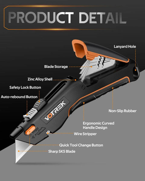 Image of Two In One Retractable Box Cutter With Safety Lock For Home And Warehouse, showing blade storage and ergonomic handle design.