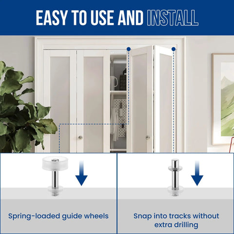 Bi-Fold Door Top Roller Hardware Kit With Spring Loaded Pivots And Guide Wheels For Closet Folding Shower Pocket And Accordion Doors DIY Replacement Parts displayed with closet door and installation example.