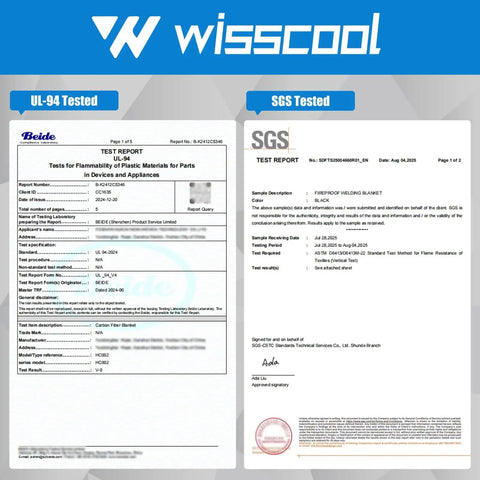UL-94 and SGS test reports for 2Pack 10mm Thick Fireproof Welding Blanket 12x12 Inches Carbon Felt Shield.