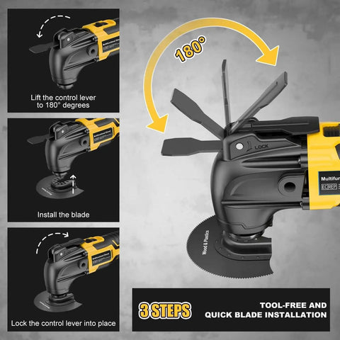 Cordless Oscillating Tool for Dewalt 20V Battery Bare Tool Synxiter Brand, showing 180-degree blade adjustment process.
