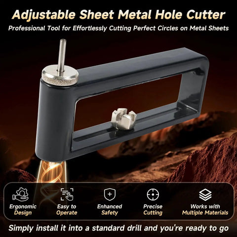 2 To 12 Inch Adjustable Hole Saw For Sheet Metal Cuts Circular Holes In 24 Gauge Steel And 26 Gauge Stainless Steel HVAC Ductwork Duct Hole Cutter Roofing Construction Tool For Drilling Holes displayed in a dramatic setting with beam of light showing precision cutting