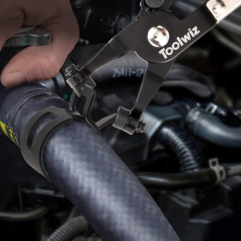 Toolwiz swivel clamp pliers applying black 6–25mm spring band hose clamps to a radiator hose