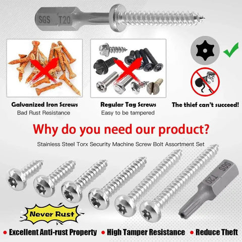210 Pcs No 8 Stainless Steel Button Head Torx Sheet Metal Screws Security Anti Theft Tamper Proof Assortment Kit with T20 driver bit, features and benefits displayed.