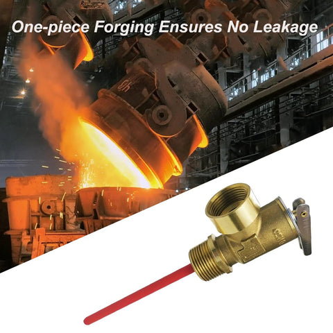 LECLOC brass RV water heater relief valve with 3/4 in NPT, extended probe, red sensing line, industrial backdrop