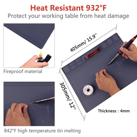 ESD Safe Anti Static Soldering Mat With Wrist Strap And Grounding Wire For Electronics Silicone, heat resistant up to 932F, gray mat in use with tools