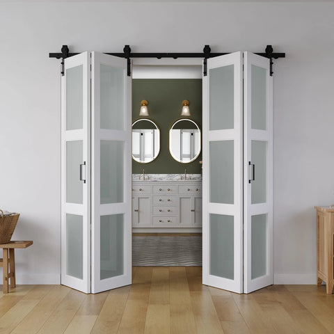 72 Inch By 84 Inch Bifold Barn Door With Frosted Glass Hardware Kit Included Pre Drilled Holes No Fuss Easy Assembly White Waterproof PVC Coated