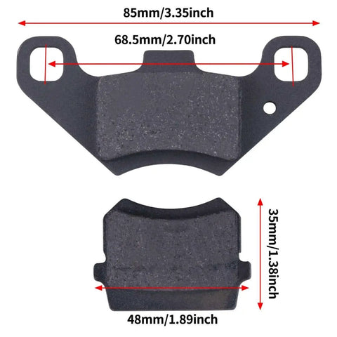 Rear Disc Brake Master Cylinder Caliper With Replaced Disc Brake Pad For 50cc To 125cc ATV showing pad dimensions and fixing holes.