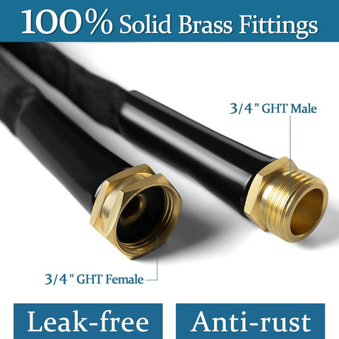Gnimihz garden hose, 50ft, 3/4 GHT brass male and female fittings, black TPE, flexible