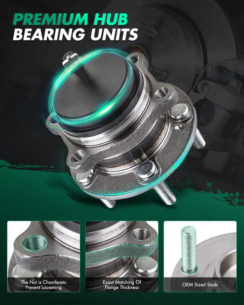 Rear Wheel Hub And Bearing Assembly Pair With ABS For Hyundai Santa Fe 2007-2020 Santa Fe Sport 2013-2018 Veracruz 2007-2012 And Kia Sorento 2011-2015 FWD 5 Lug VKBA6948 512326 527502B100 Replacement close-up of hub bearing with bolts and studs.