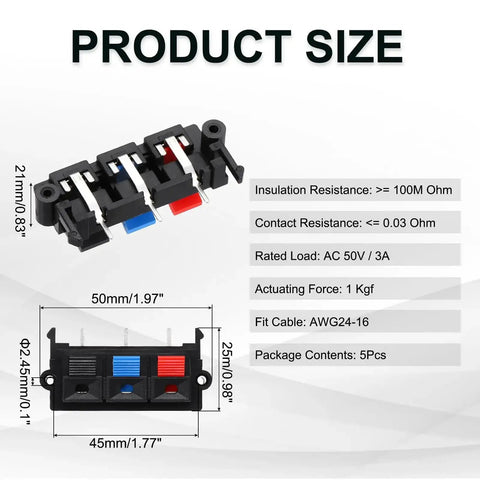 Three Way Spring Terminal Clip Push Release Connector Plate For Speaker Terminals Red Blue Black Color Coded 50mm 25mm 21mm Size With 45mm Mounting Holes WP3 19 5 Pcs Test Clips product size diagram
