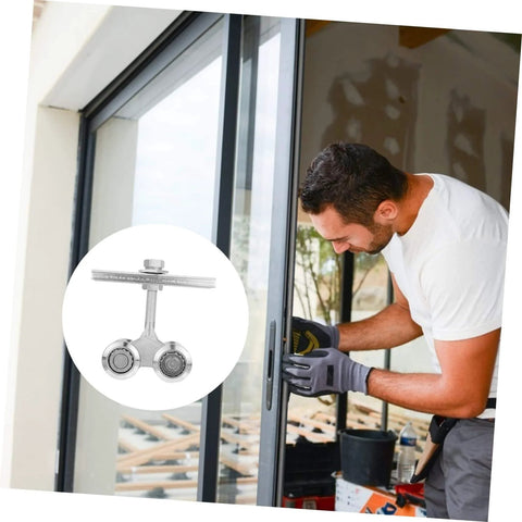 Man installing Heavy Duty Sliding Door Roller Kit With Galvanized Track Pulley, 500Kg Load Capacity, Smooth Glide System.