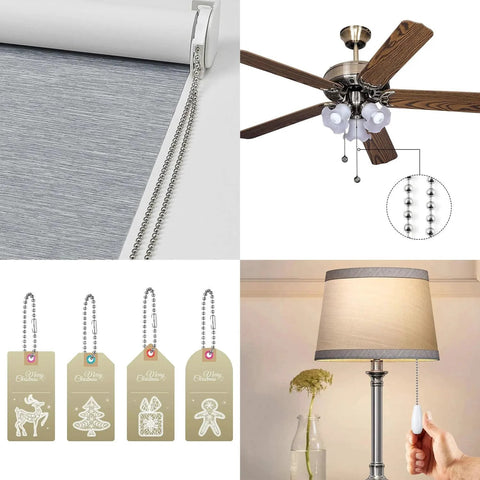 10 Beaded Ball Chain 4.5mm 16.4 Feet Spool With 8 Connector Clasps showcased in various uses including blinds, fans, and tags