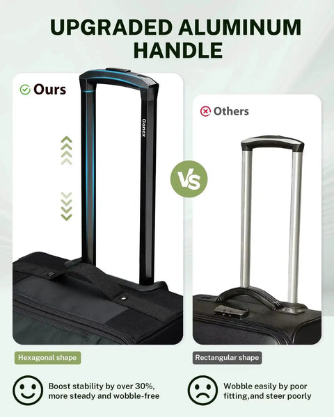 Comparison of upgraded aluminum telescopic handle on Rugged Rolling Duffle Bag With Wheels For Travelers versus standard handle