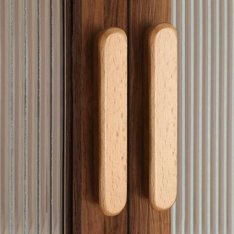 Red Wood Round Wooden Drawer Knobs installed on cabinet doors, highlighting minimalist design, 5 inch single hole, 0.9 inch diameter