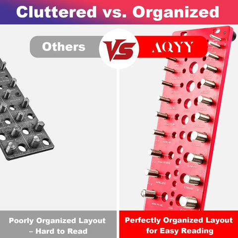 Comparison of 51 In 1 Bolt Size Finder And Thread Gauge With 32 Metric And 32 SAE Threads; organized red layout vs. cluttered black layout.