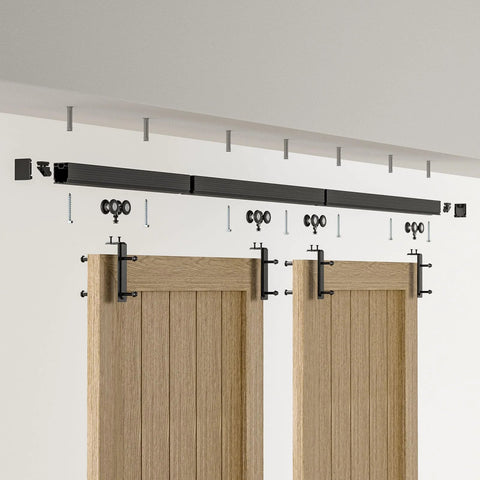8Ft Ceiling Mount Box Rail Barn Door Hardware Kit Heavy Duty Steel Sliding Track for Double Doors, black finish, installed view