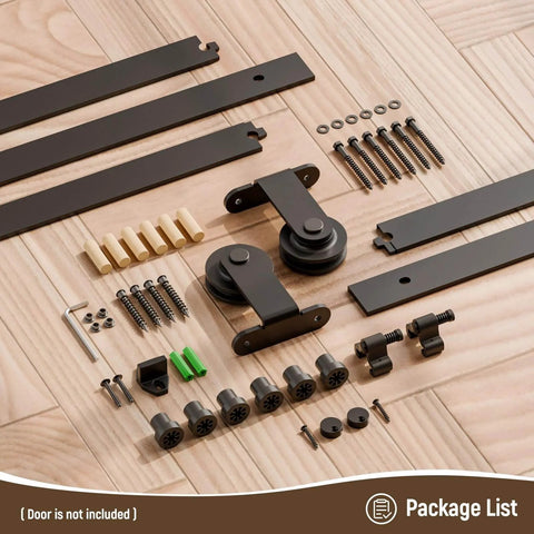 Components of 4 Foot Sliding Barn Door Hardware Kit Heavy Duty Built To Last Black T Shaped Track System with nylon wheels