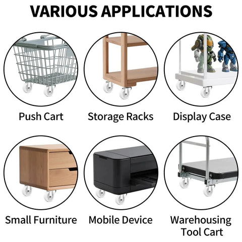 Image showing various applications of 1 Inch Swivel Caster Wheels With Rubber Base For Furniture Trolleys And Projects on different setups.