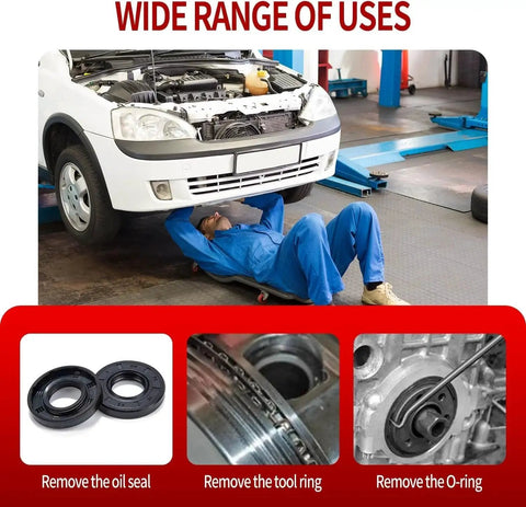 Mechanic using 6.5 inch 4 piece hook and pick set for oil seal removal under a car, showcasing precision automotive tools in use.