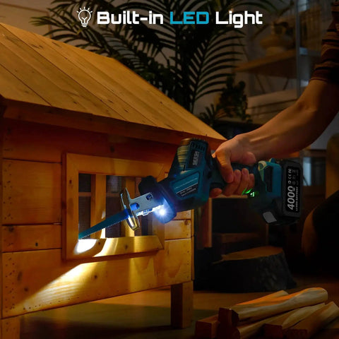 Cordless Reciprocating Saw With Brushless Motor And 3500 RPM Variable Speed For Wood And PVC Cutting in use with built-in LED light