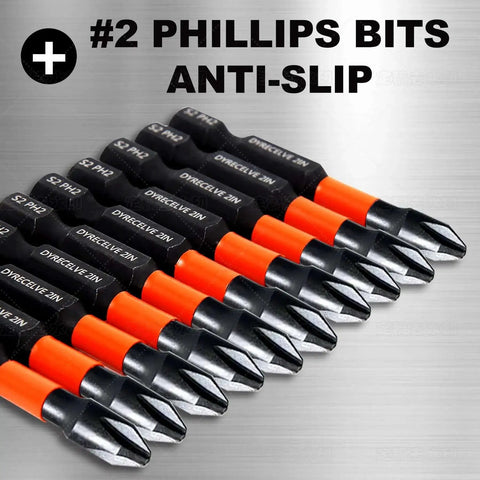 Image of Ten Pack PH2 Magnetic Phillips Bits For Impact Drivers Two Inch Long With One Fourth Inch Hex Shank Premium S2 Steel Construction Strong Magnetic Tip For Secure Screw Retention Durable Bits For Professional Trades And DIY Projects, arranged in a row showing anti-slip design.