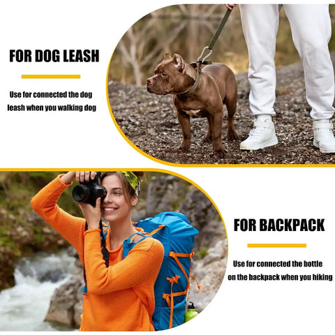 Dog leashed with carabiner and woman with backpack using carabiner outdoors, demonstrating 60 Pack 3 Inch Heavy Duty Galvanized Steel Snap Hook Carabiner M8 Quick Link for dog leash and backpack use.